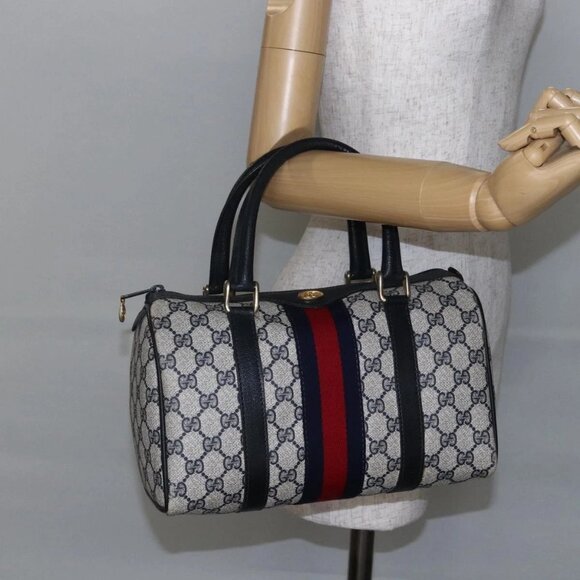 GUCCI GG Supreme Sherry Line Boston Bag PVC Navy Gold 40 3841 Auth 147499 - Picture 1 of 16